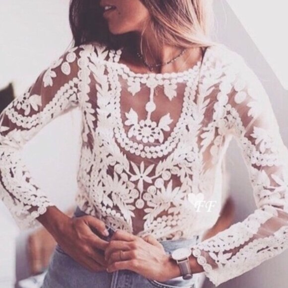 New White Lace Long Sleeve Gypsy Boho Blouse Top Feminine Sexy Women's Sexy